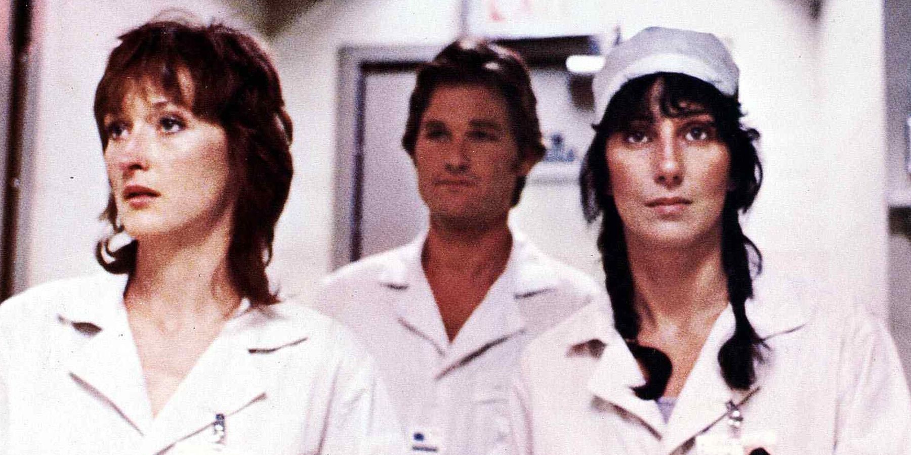 Meryl Streep, Cher, and Kurt Russell look on in Silkwood