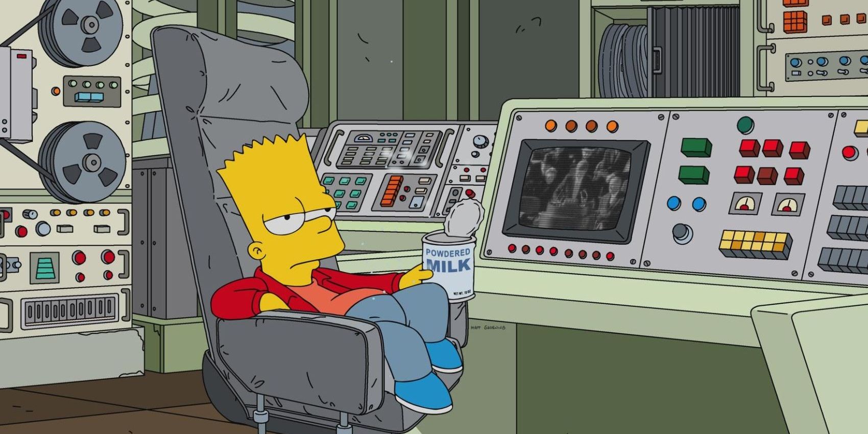 Bart sentado em uma cadeira em um bunker em Os Simpsons