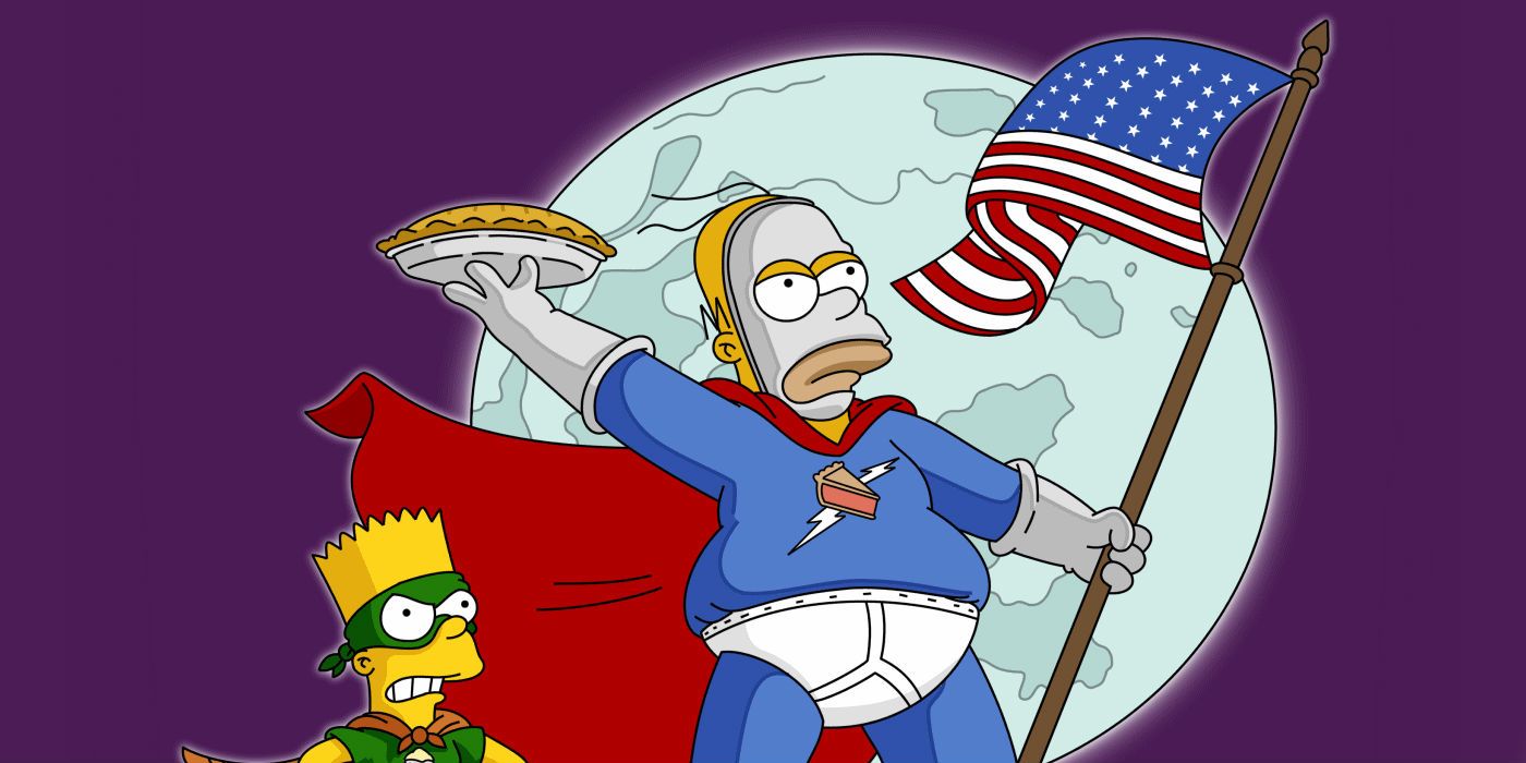 Homer dressed as The Pie Man holding a flag next to Bart as the Cupcake Kid in The Simpsons.