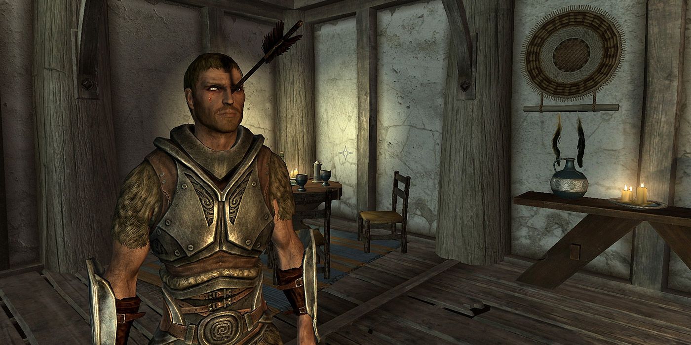 A character with an arrow stuck in his head in Skyrim