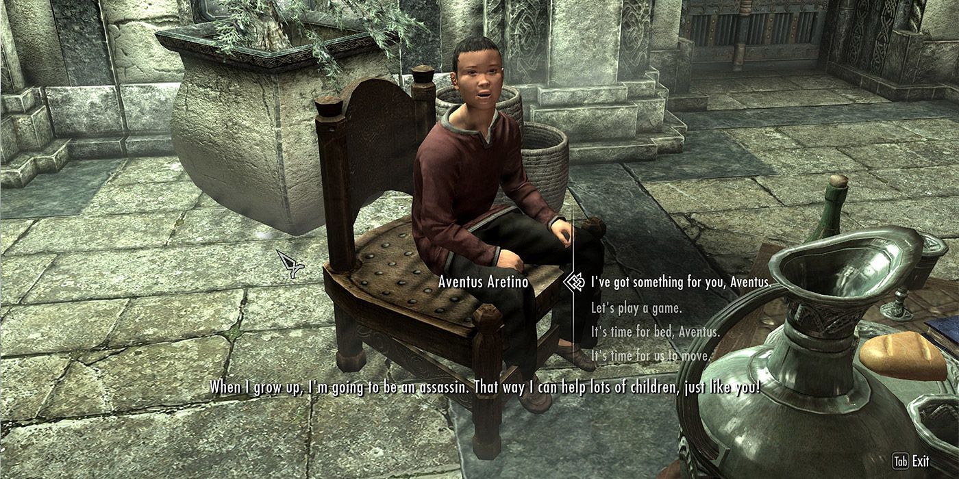 Aventus sitting on a chair and talking to the player in Skyrim