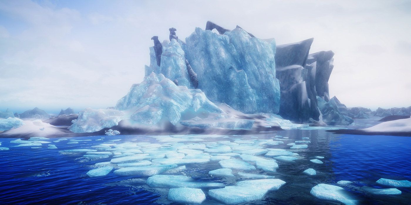A shot of a large glacier in Skyrim's northern sea