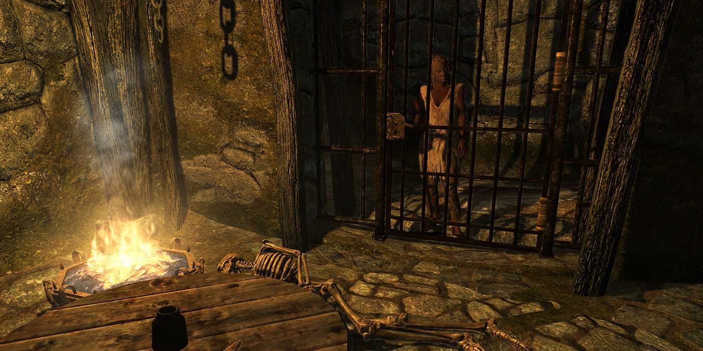 A character inside of a fort jail cell in Skyrim