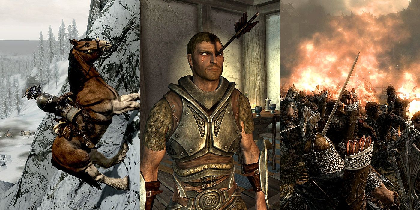 Split image of a horse, a character with an arrow in his head, and the civil war in Skyrim