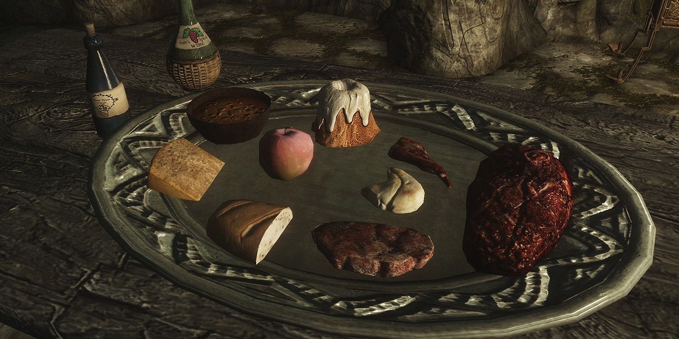 A silver plate of food on a table in Skyrim