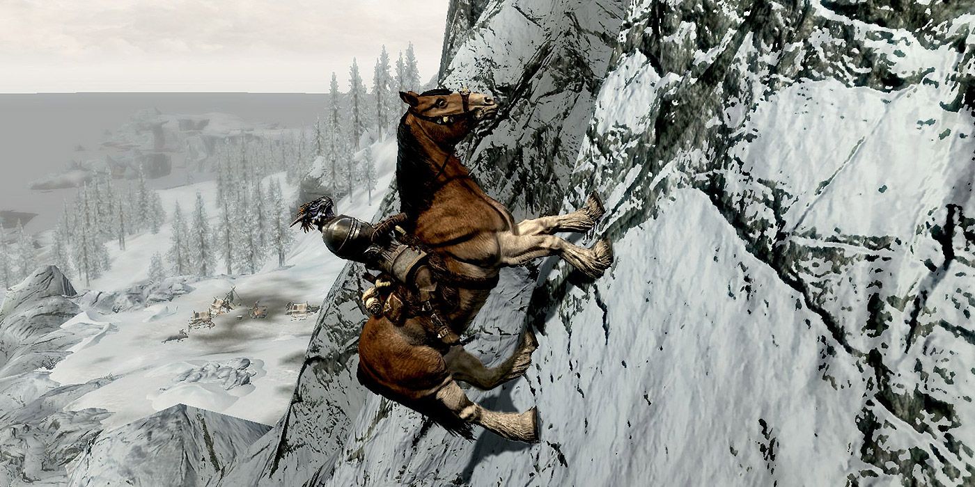 A horse on the side of a mountain in Skyrim