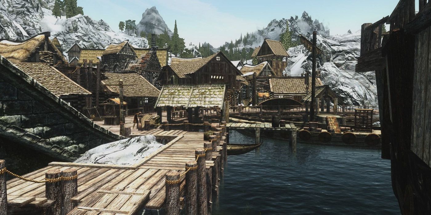 Uma tomada ampla de Riften durante o dia em Skyrim