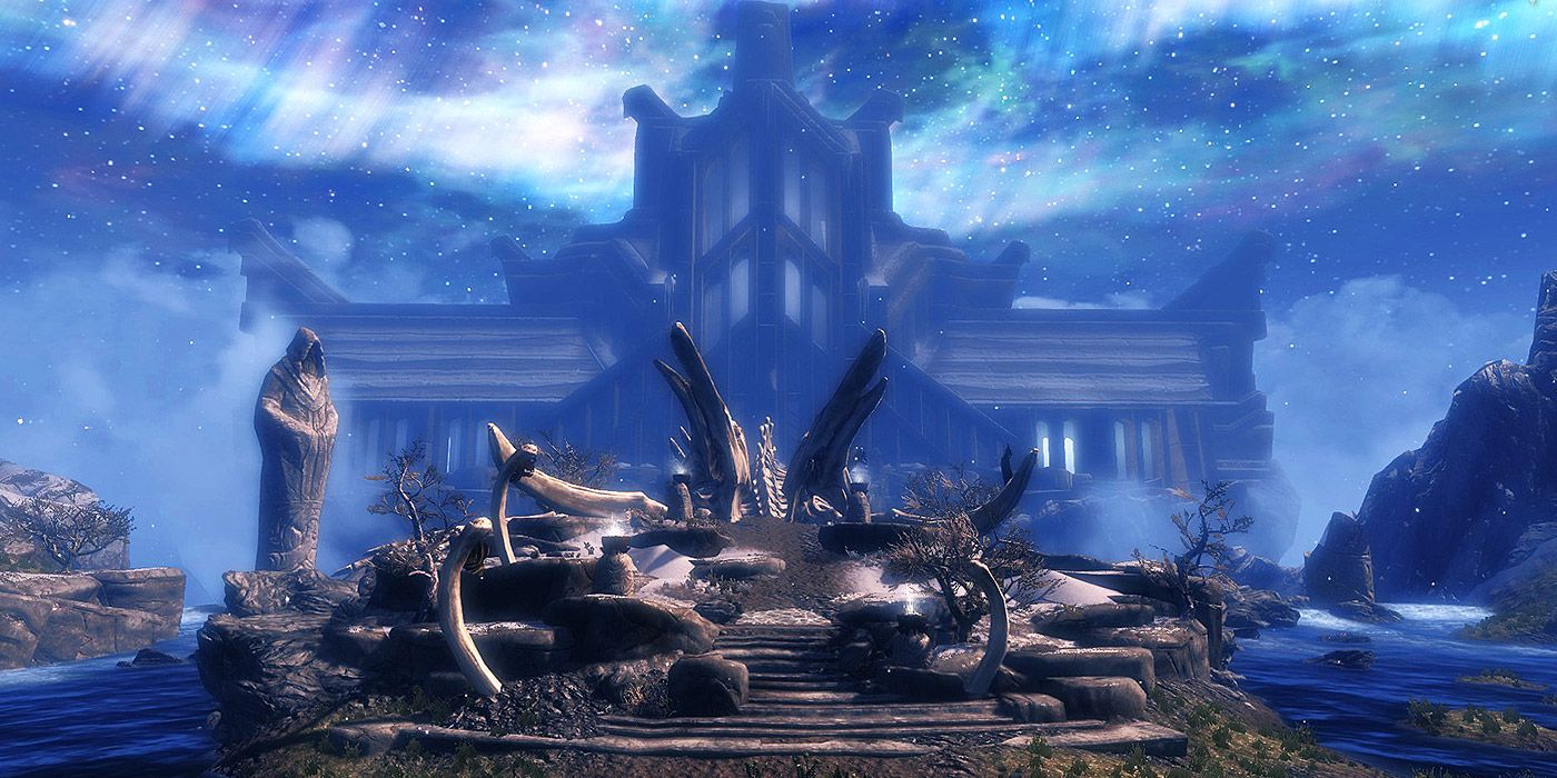 A wide shot of Sovngarde and the Hall of Valor in Skyrim