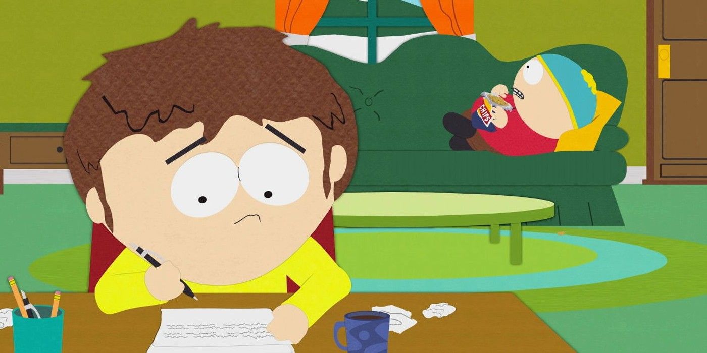 Jimmy sitting on a desk with Cartman on a sofa behind in South Park