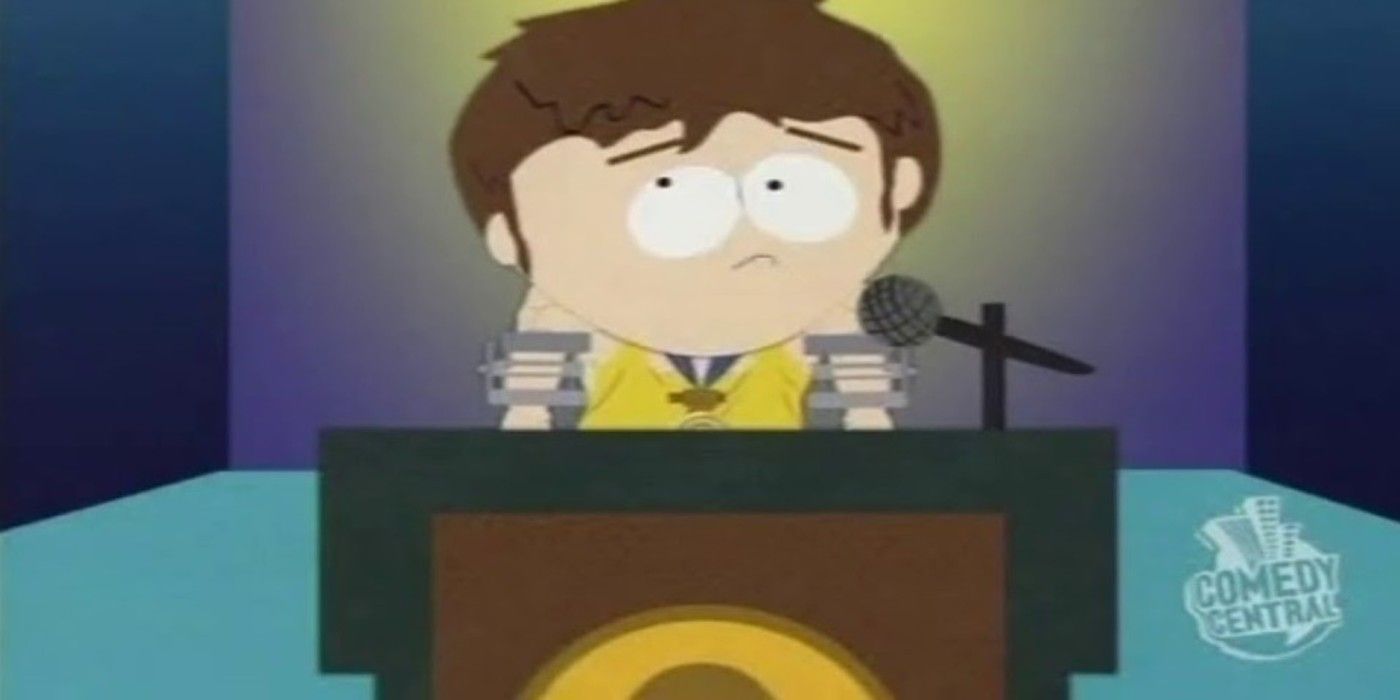 Jimmy doing a speech at the special olympics in South Park