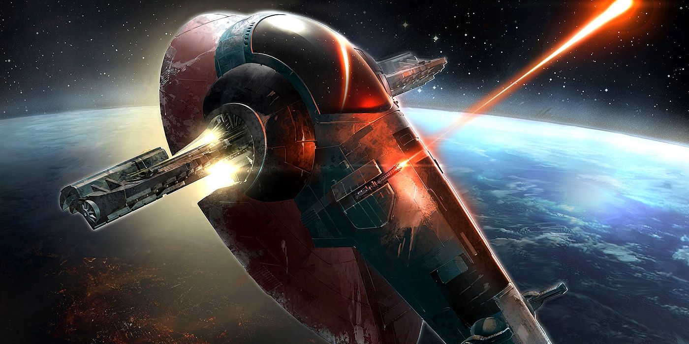 The Slave I moves through the galaxy in Star Wars