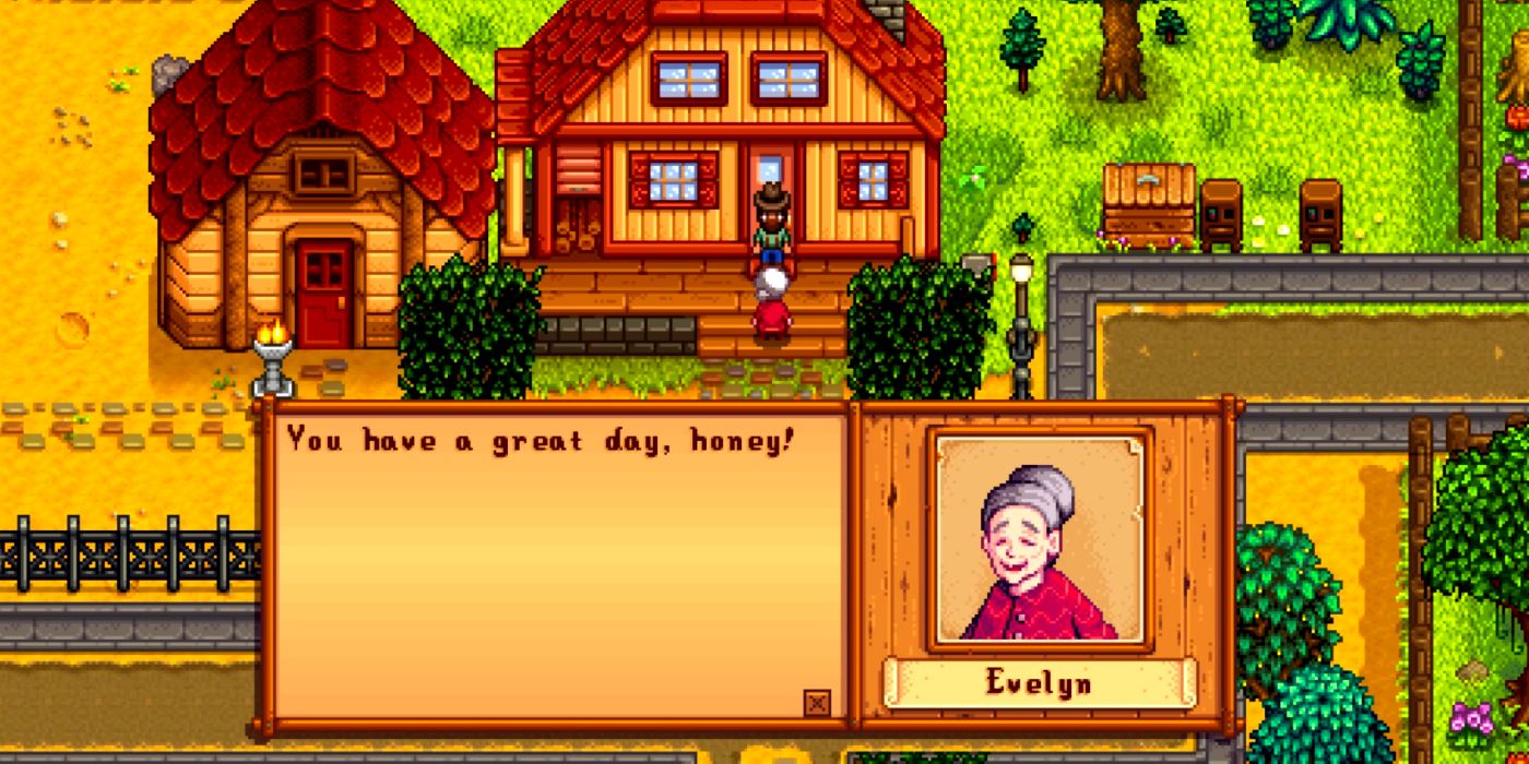 A conversation with Evelyn in Stardew Valley where she tells the player to have a good day