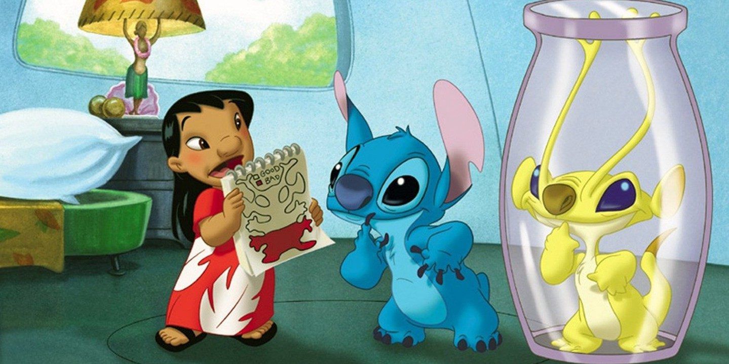 Lilo and Stitch with a jarred alien in Stitch! The Movie