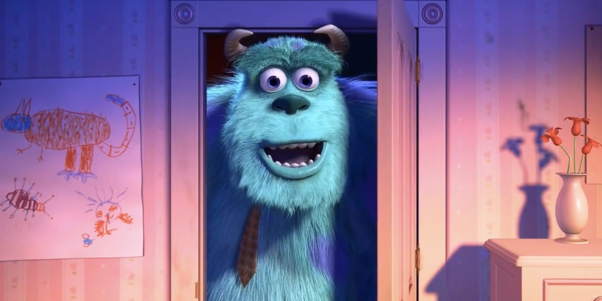 Sulley in Monsters Inc peaking from a closet