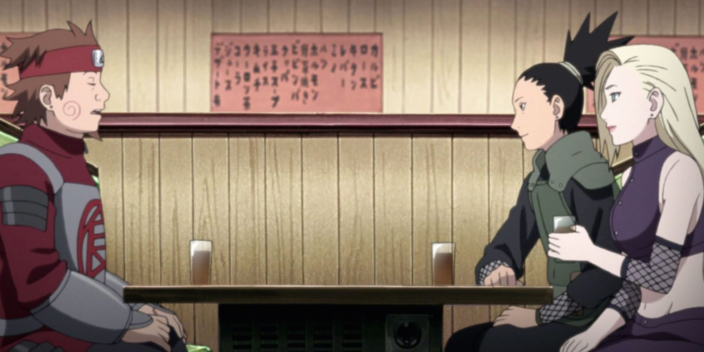 Choji sits across from Shikamaru and Ino in a restaurant during the Naruto Blank Period