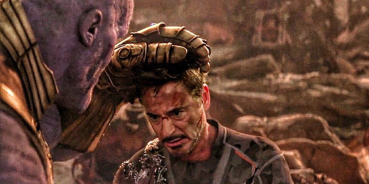Thanos holding Tony Stark's head in Infinity War