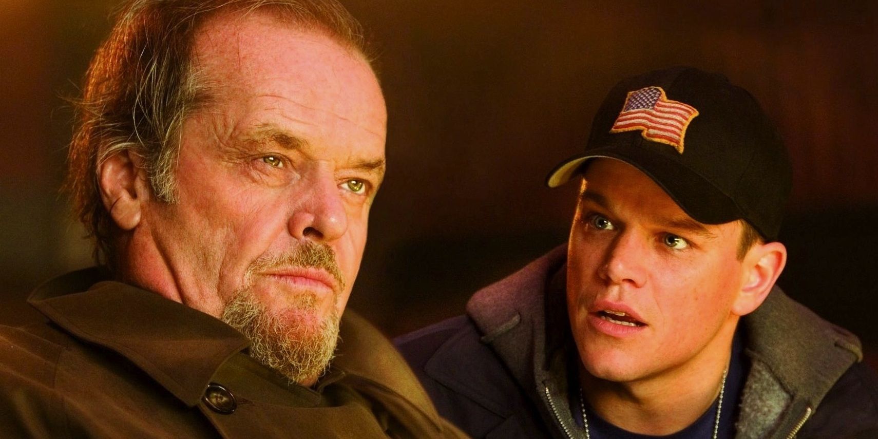 Jack Nicholson and Matt Damon in The Departed sitting and talking
