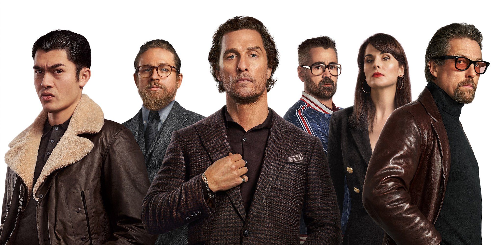 The cast of The Gentlemen posing in a poster, including Matthew McConaughey, Colin Farrell, Hugh Grant, and Henry Golding