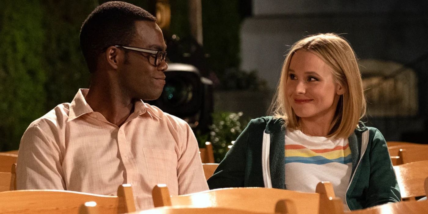 Eleanor sits next to Chidi in The Good Place