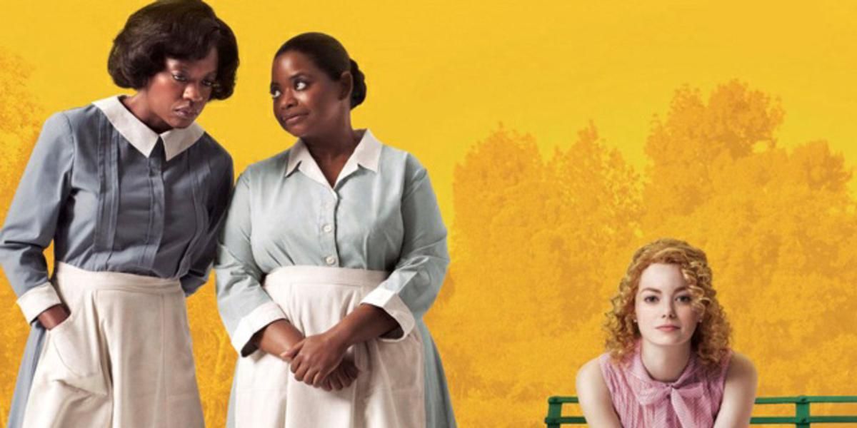 Various cast members pose for a photo with a yellow background from The Help