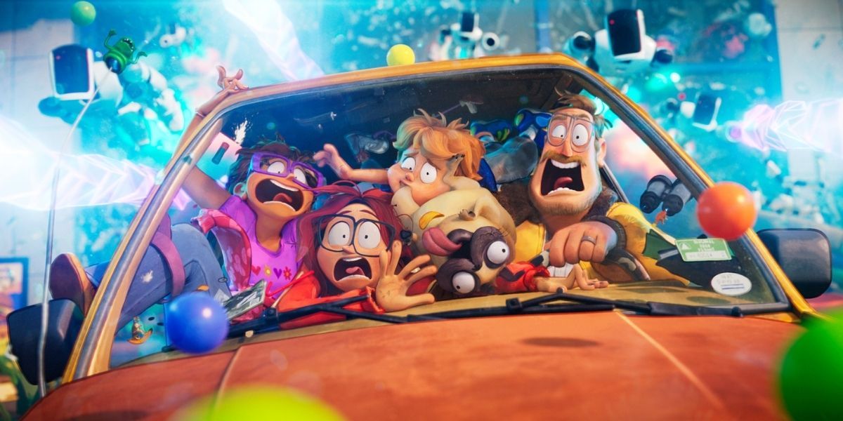 The Mitchells piled into a car while being chased by robots in The Mitchells Vs. The Machines