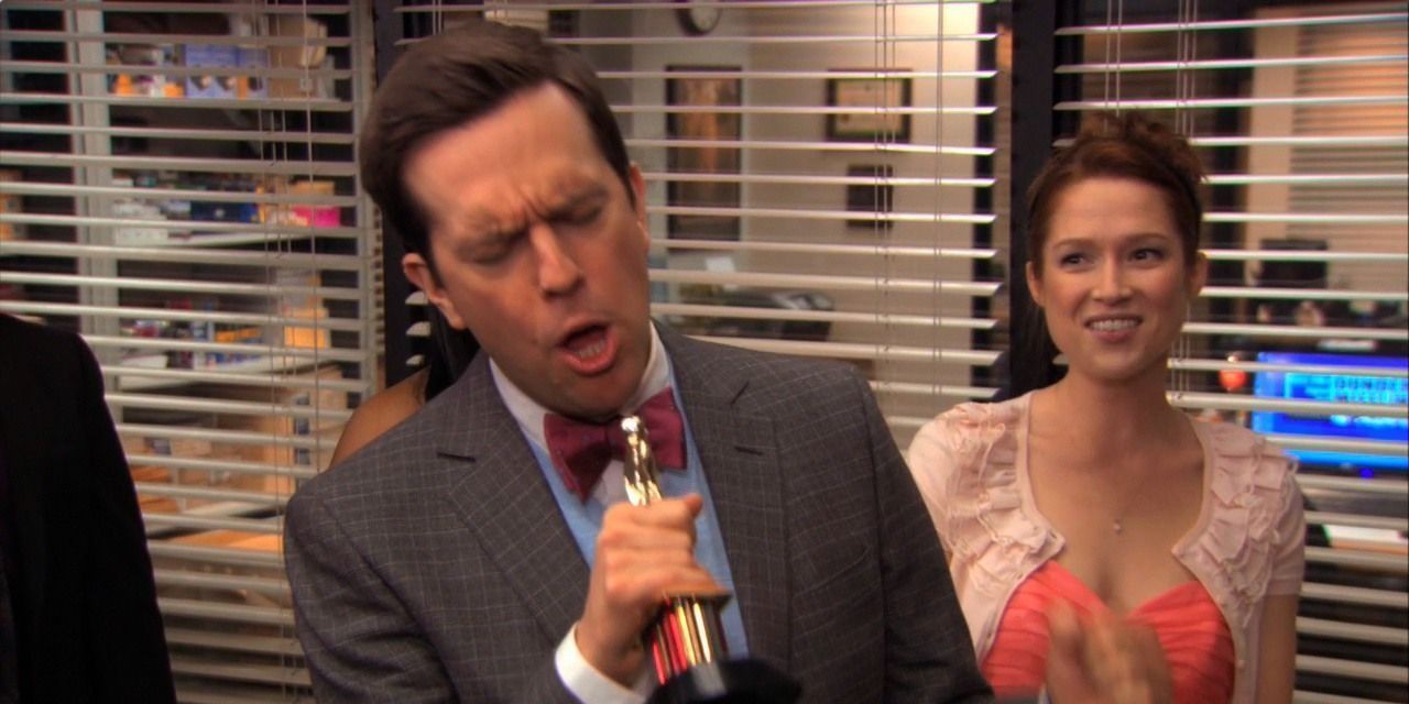 Andy singing while Erin smiles in The Office