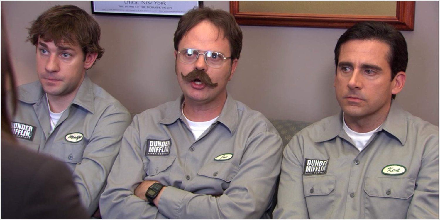 im Dwight and Michael dressed in warehouse outfits in Karen's office on The Office