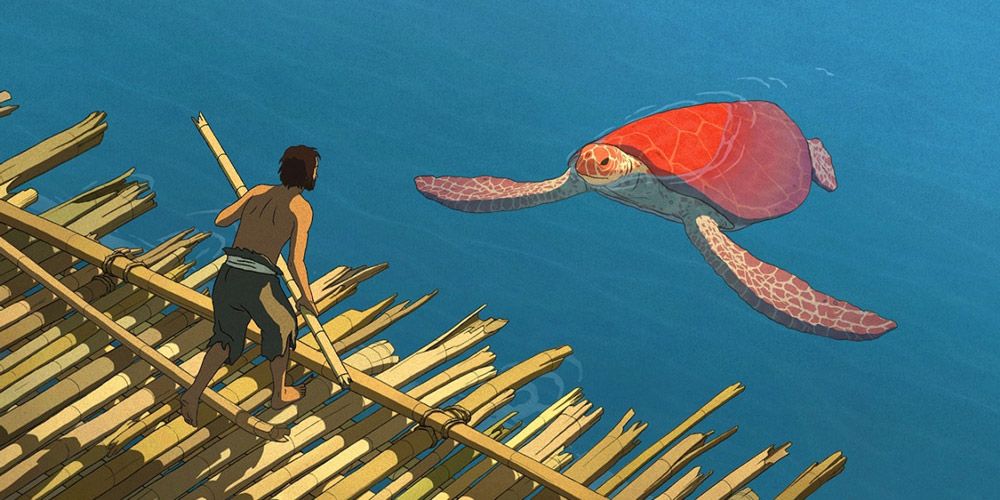 A red turtle swims up to a man on his bamboo raft in the Red Turtle