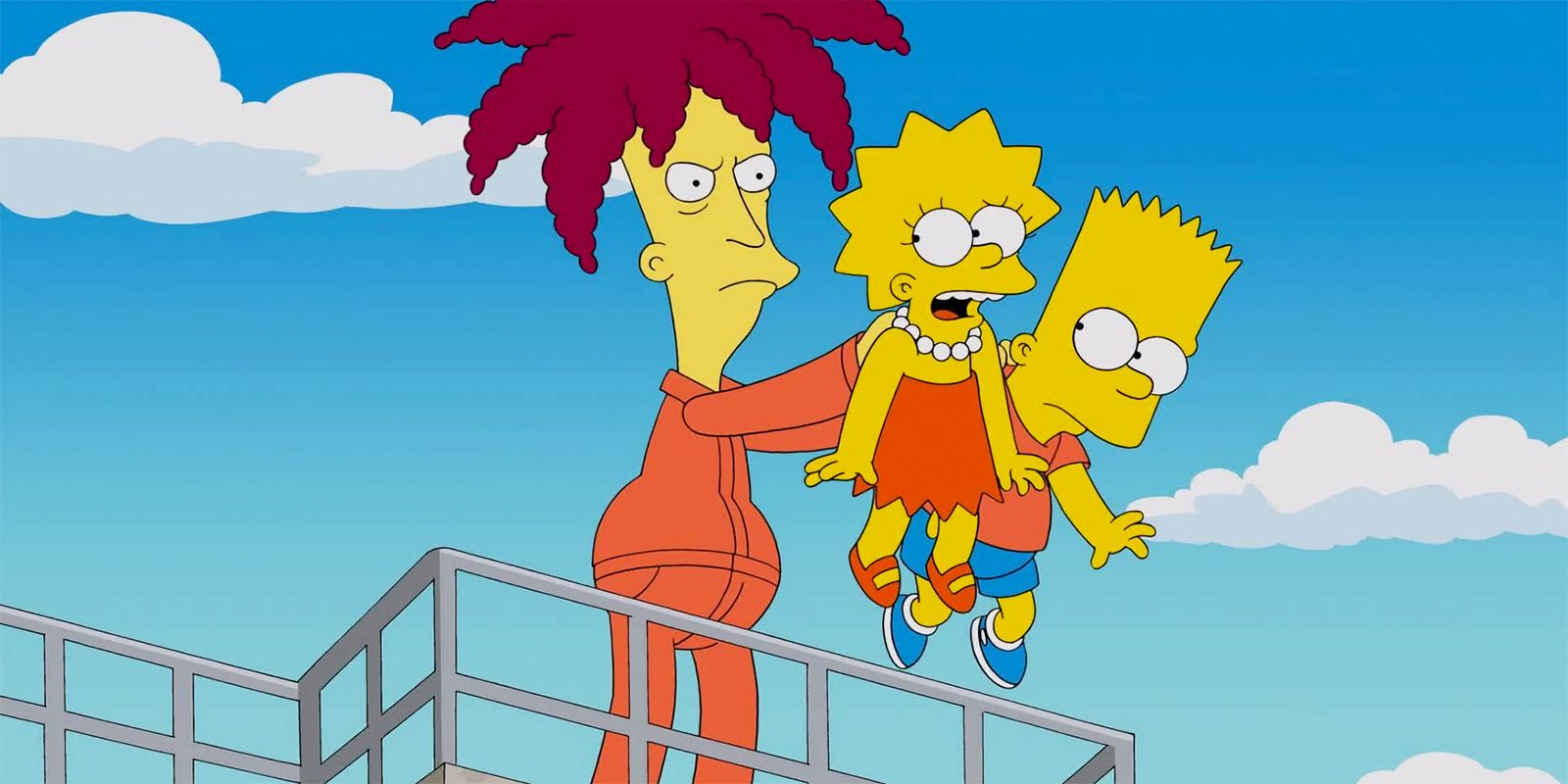 Sideshow Bob holds up Lisa and Bart in The Simpsons