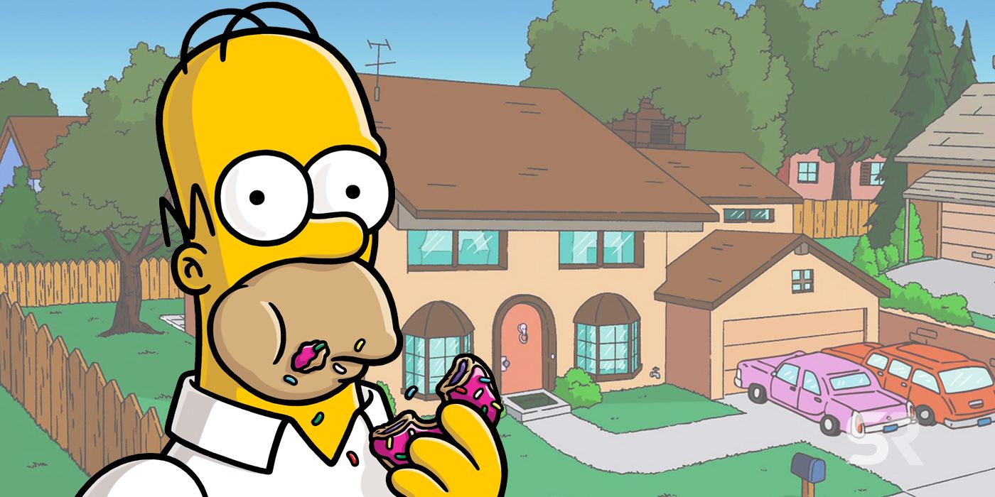 Homer eating a donut in front of The Simpsons house