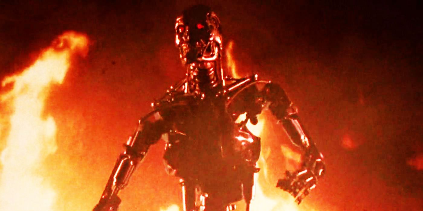  Arnold Schwarzenegger como T-800 surge das chamas em O Exterminador do Futuro