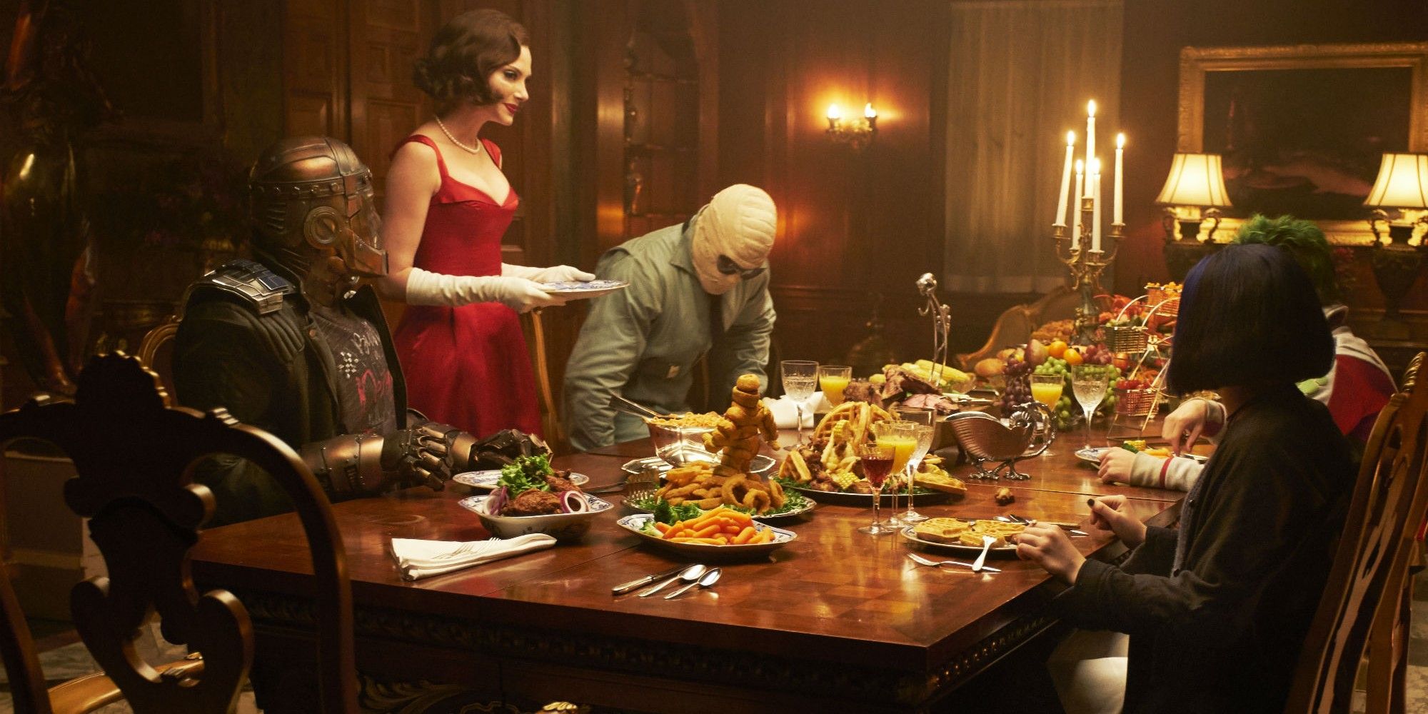 Titans Season 1 Episode 4 Doom Patrol Robotman Elastigirl Negative Man Beast Boy and Raven have dinner