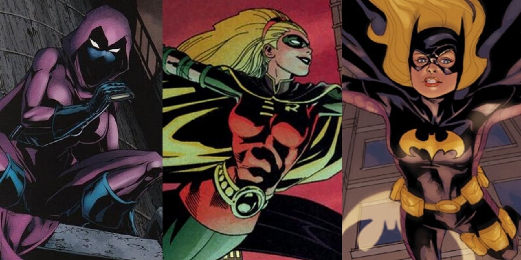 Stephanie Brown in her Spoiler, Robin, and Batgirl uniforms