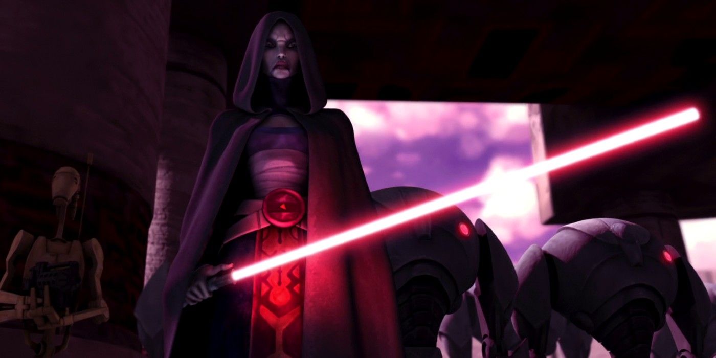 Asajj Ventress in The Clone Wars stands with her red lightsaber and cape 