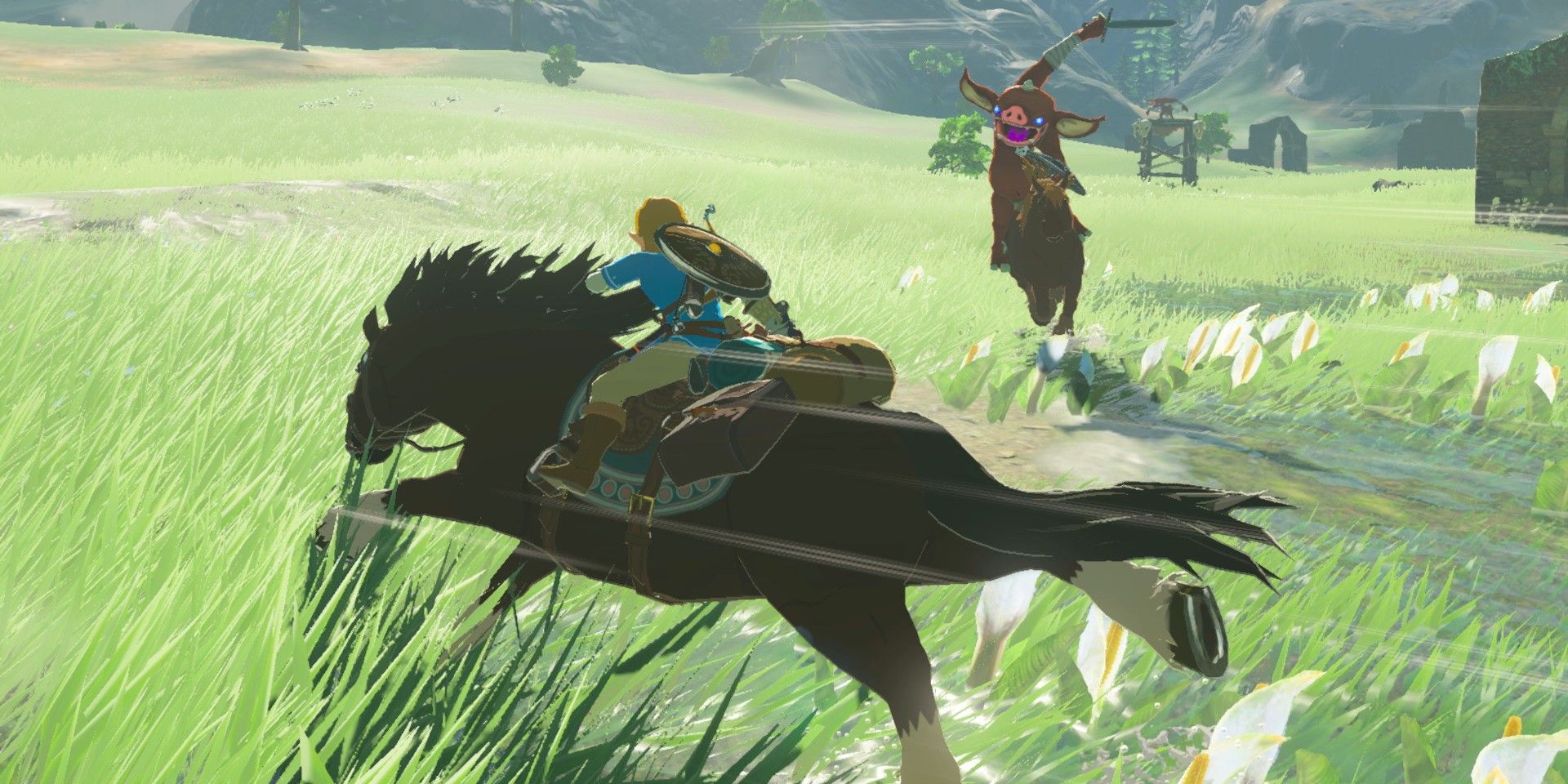 Link riding a horse around in The Legend of Zelda: Breath of the Wild's grassy open world.