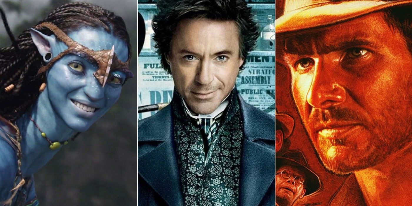 Zoe Saldana as Neytiri in Avatar, Robert Downey Jr. as Sherlock Holmes and Harrison Ford as Indiana Jones