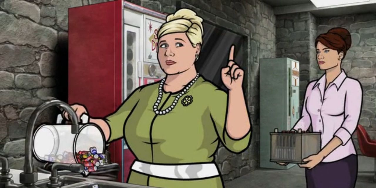 Pam pouring away a kettle while Cheryl watches in Archer
