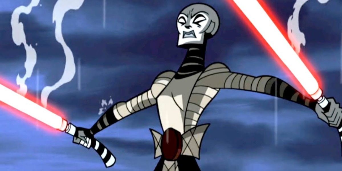 Asajj Ventress fights with Anakin Skywalker in the 2003 version of the Clone Wars