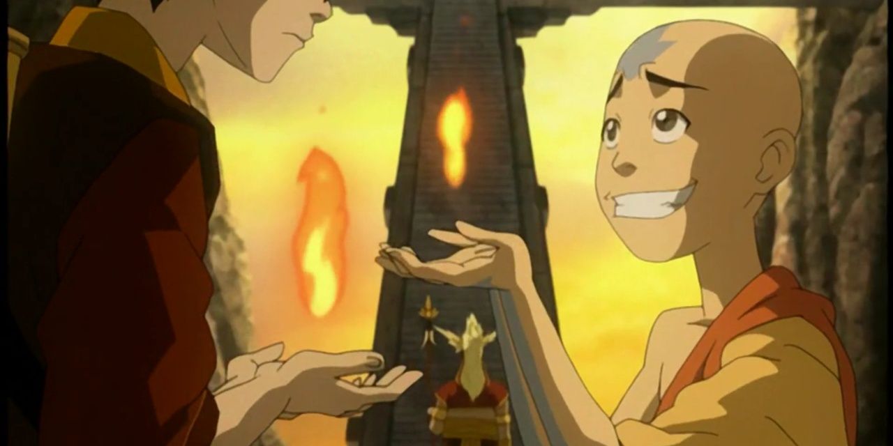 Aang smiling while holding fire with zuko in the last airbender