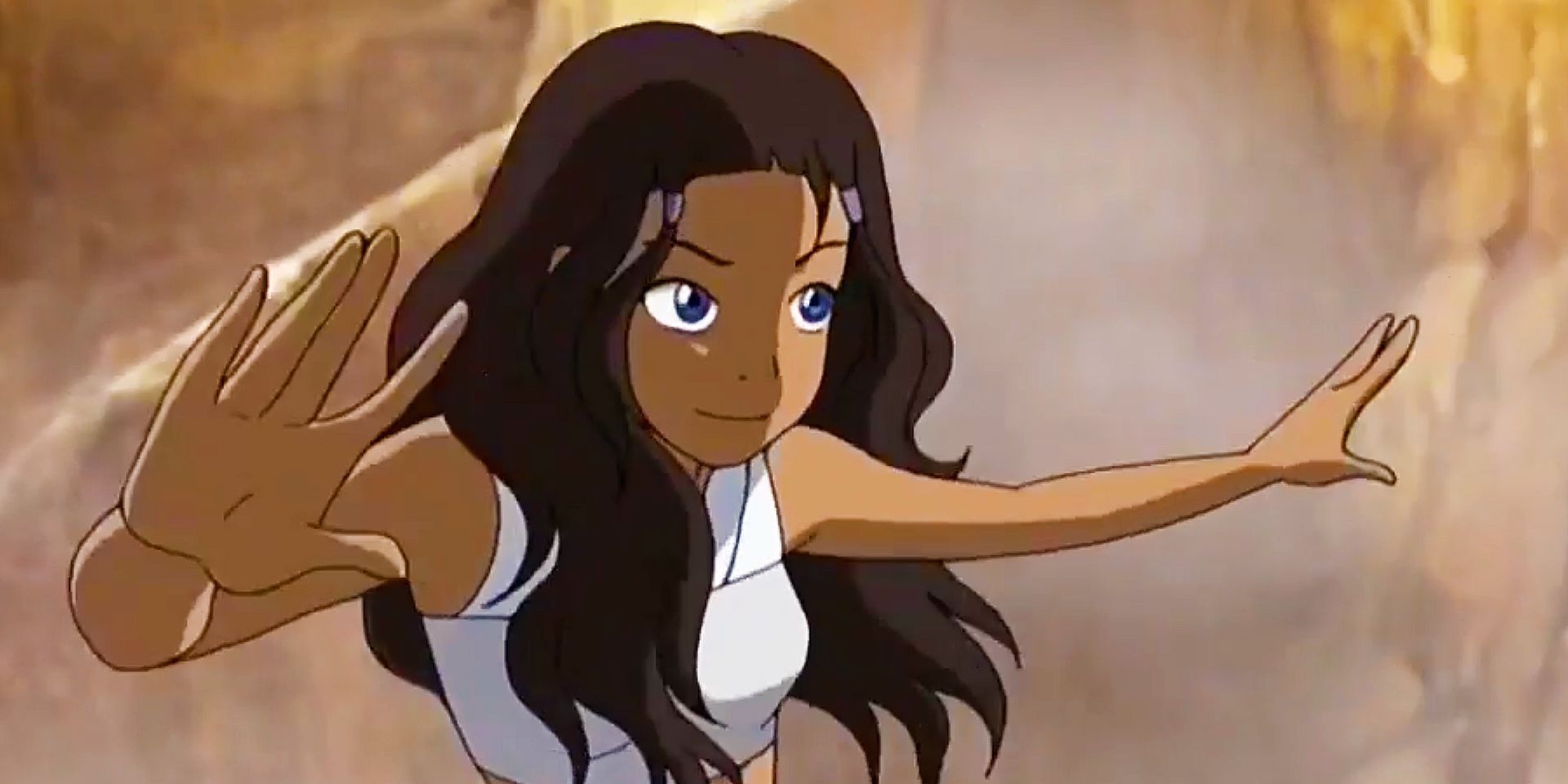 Katara waves her hands in the air preparing to waterbend in Avatar: The Last Airbender.