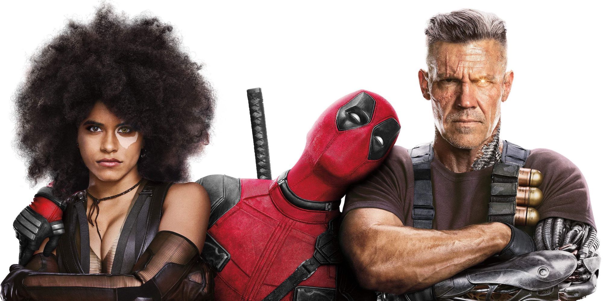 Deadpool posing with Domino and Cable in Deadpool 2