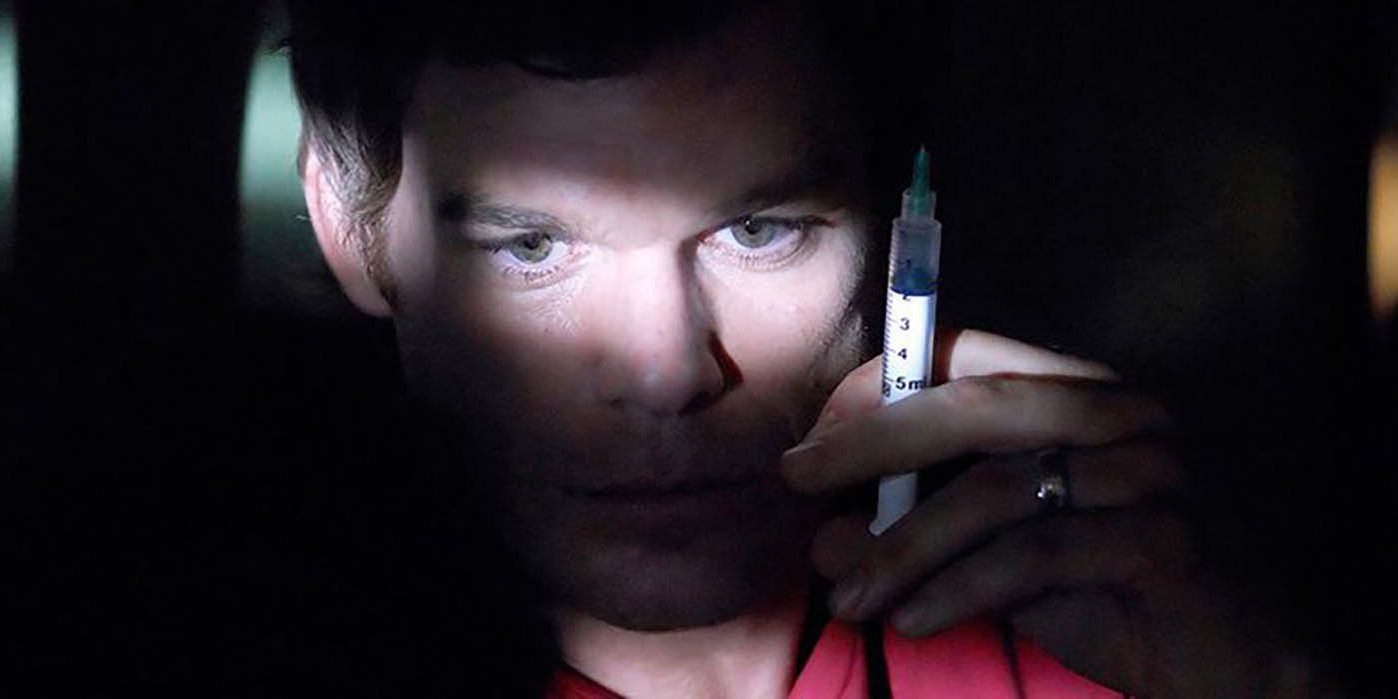 Dexter holds up an injection of M99 in Dexter.