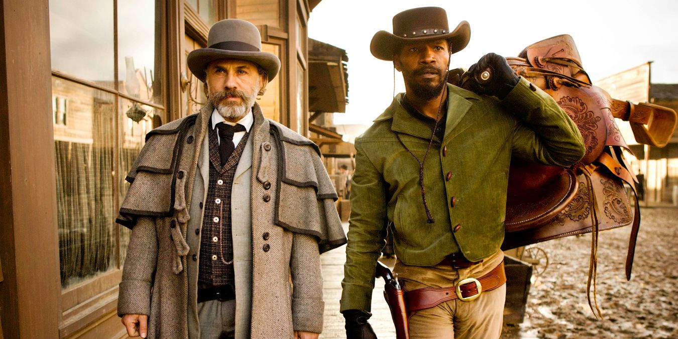 Christoph Waltz and Jamie Foxx in a dusty western town in Django Unchained
