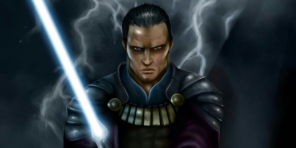 An illustration of Exar Kun holdig a lightsaber.