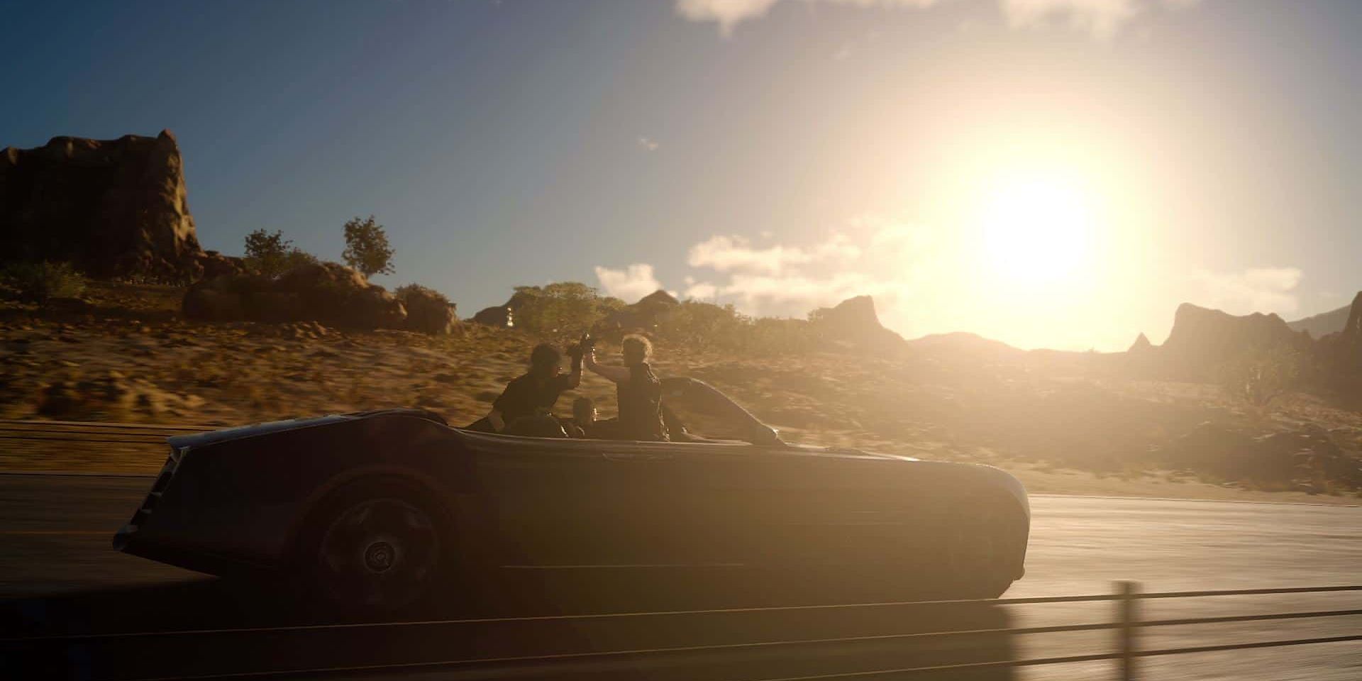 Characters in a car driving into the sunset in Final Fantasy 15
