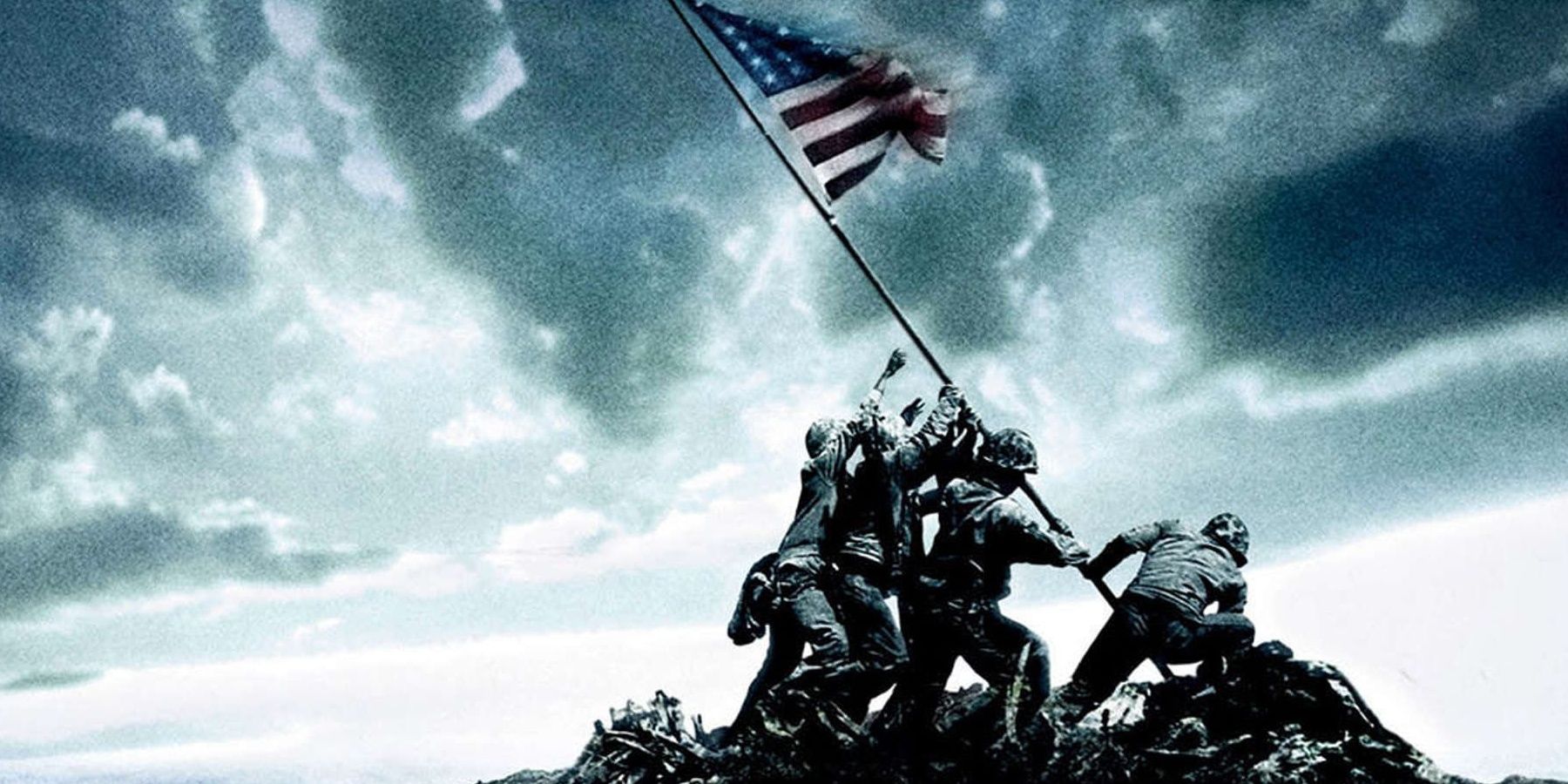 Soldiers hold up an American flag in the official poster for Flags Of Our Fathers