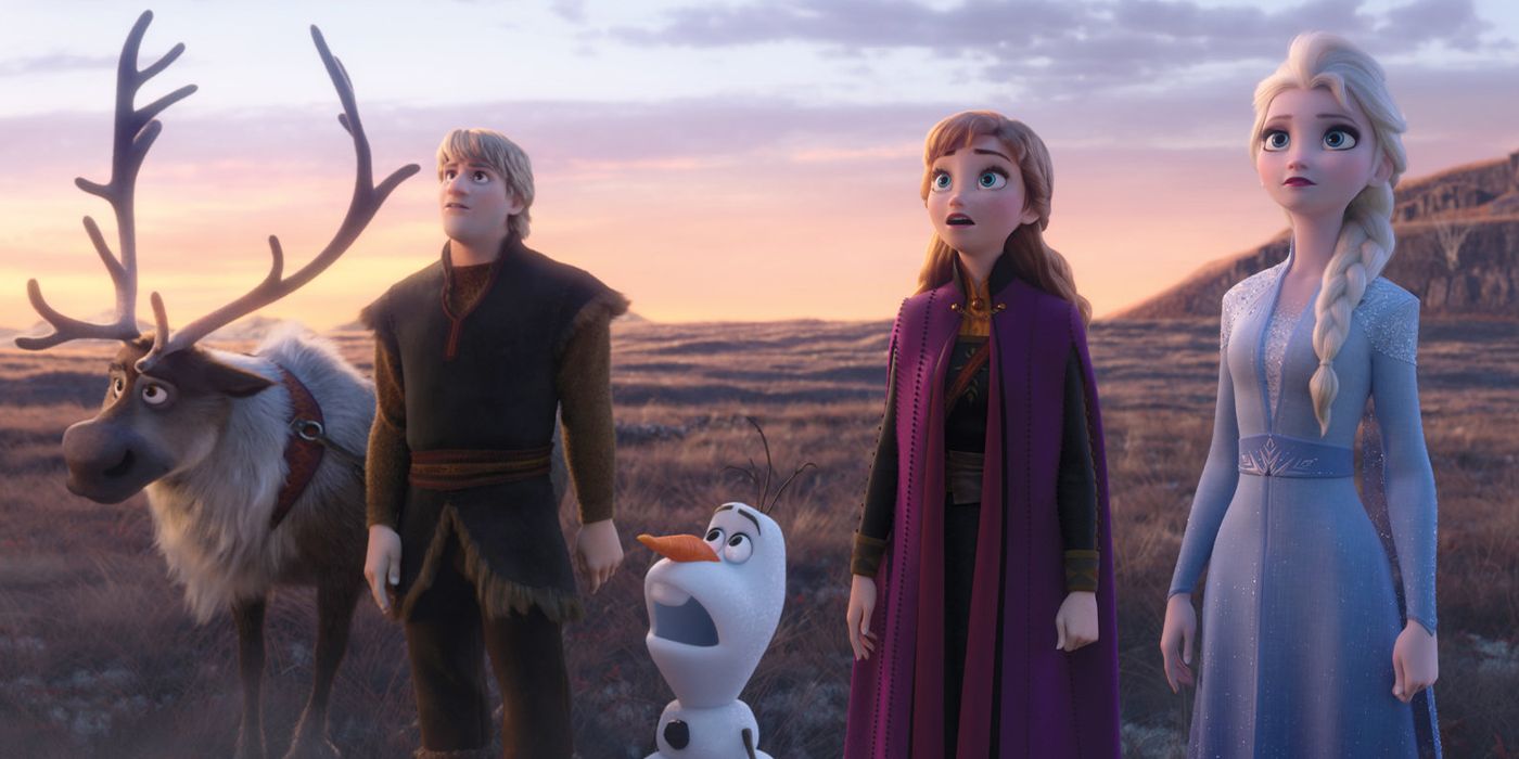 Sven, Kristoff, Olaf, Anna, and Elsa stand at the edge of the forest in Frozen 2