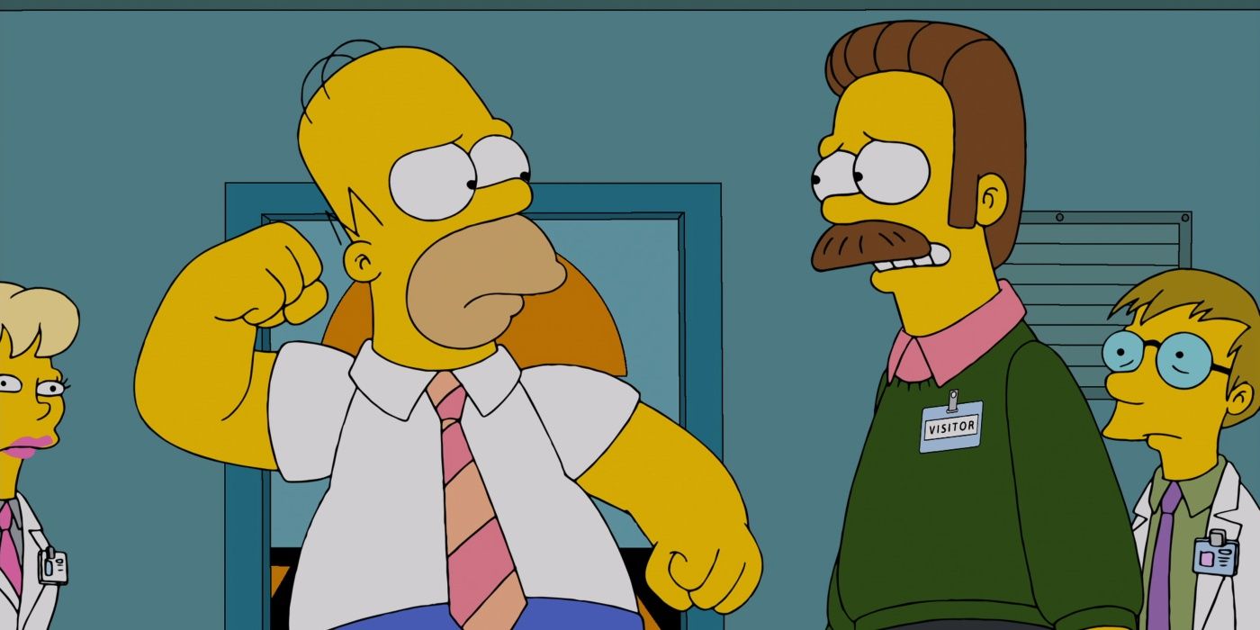 Homer prepares to punch Ned at work in The Simpsons