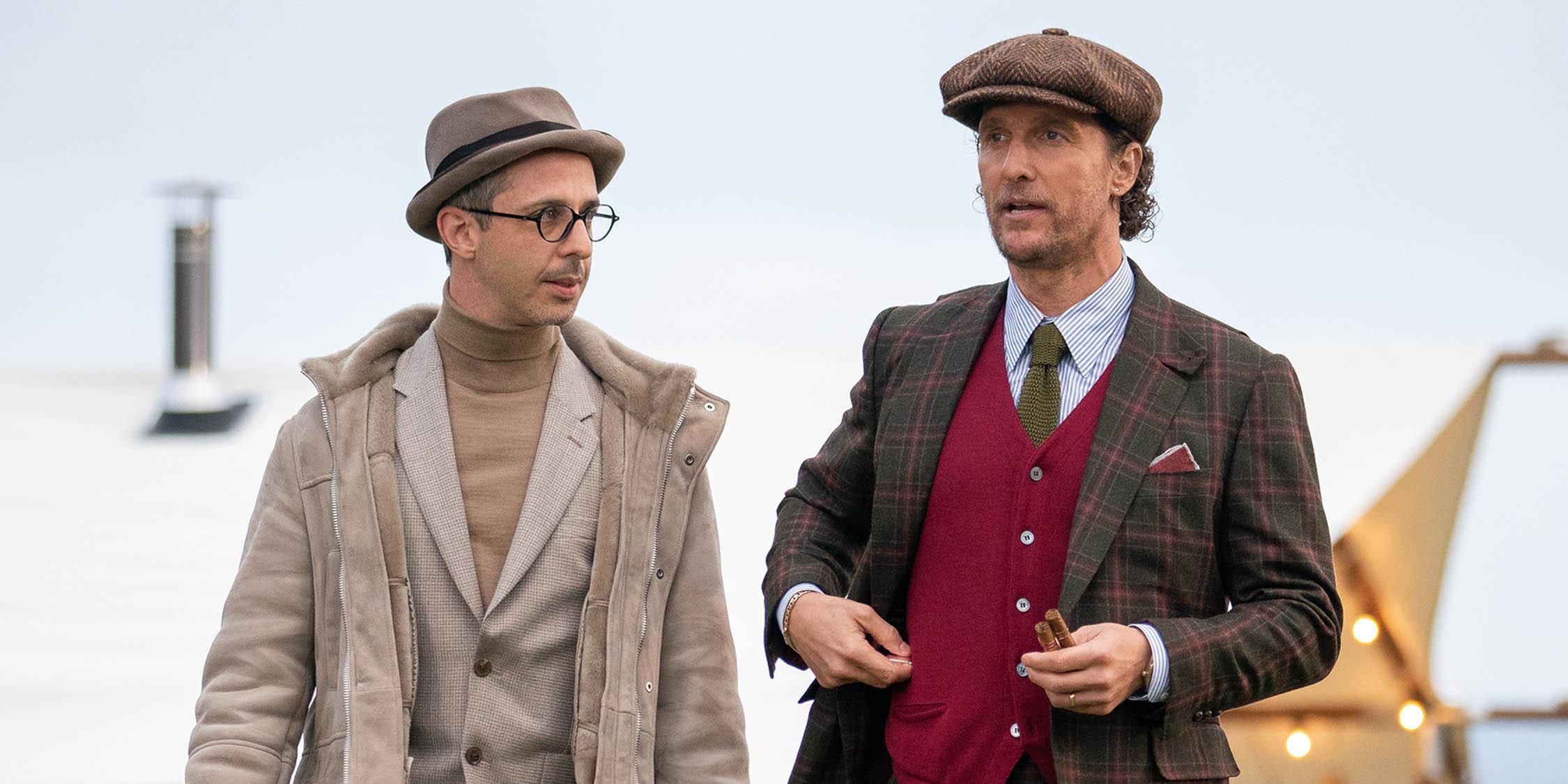 Jeremy Strong and Matthew McConaughey walking and talking in The Gentlemen