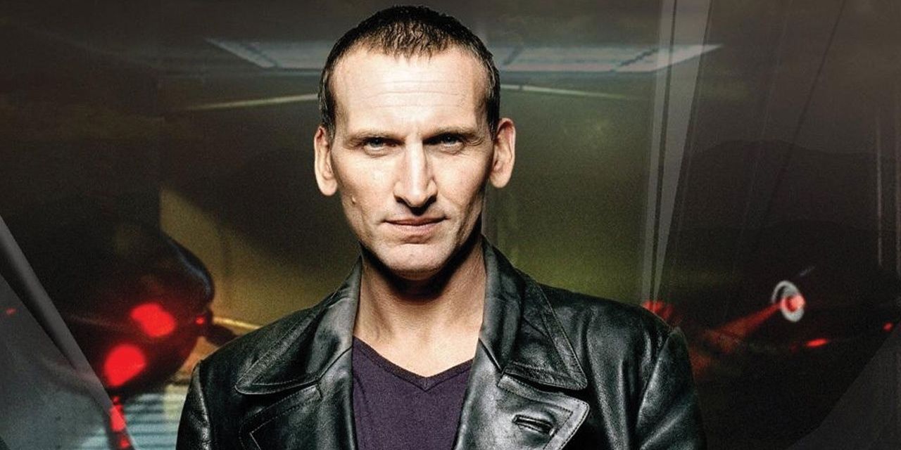 The Ninth Doctor looking at the camera seriously in Doctor Who